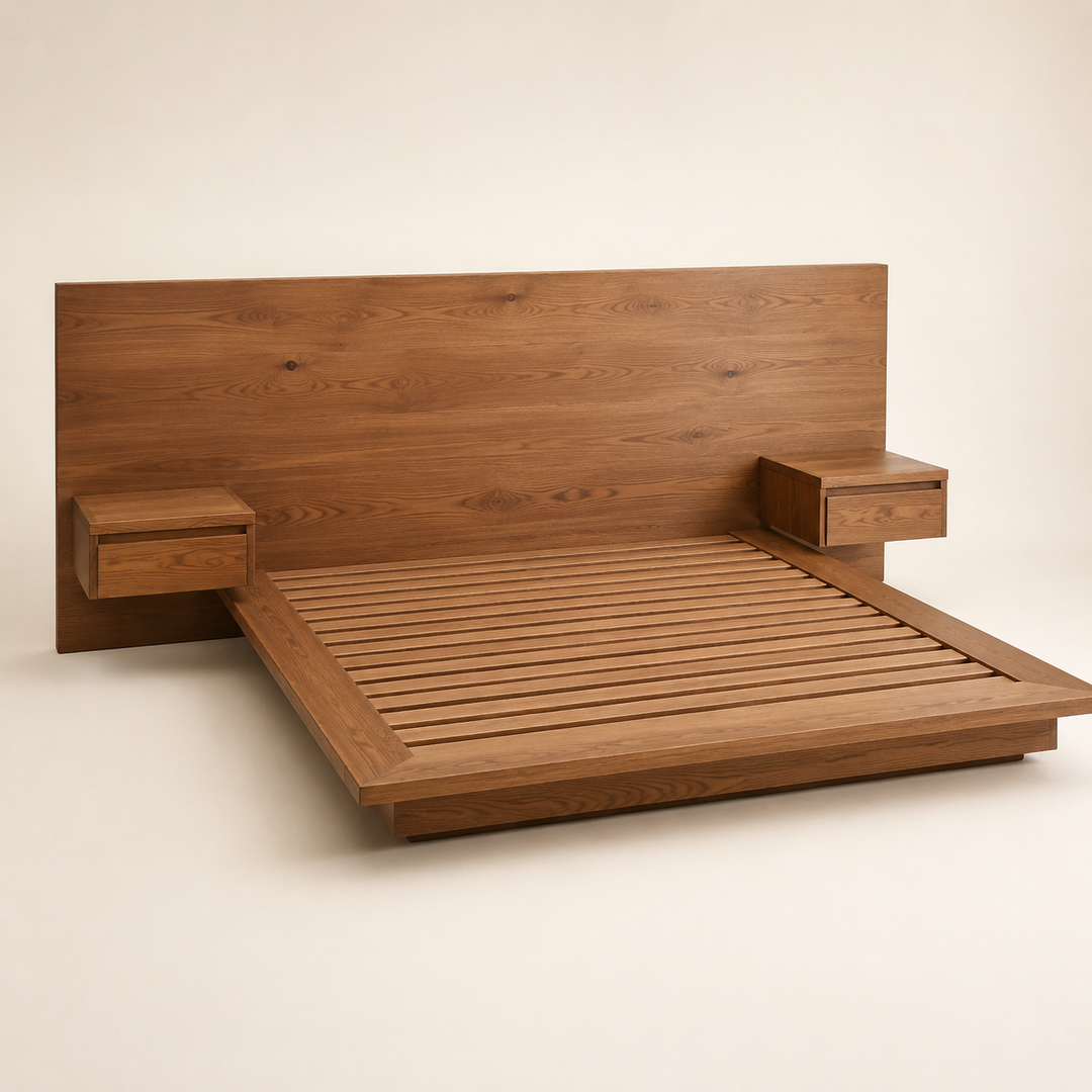 Kiaat Modern Bed with Floating Bedside Tables — main product view
