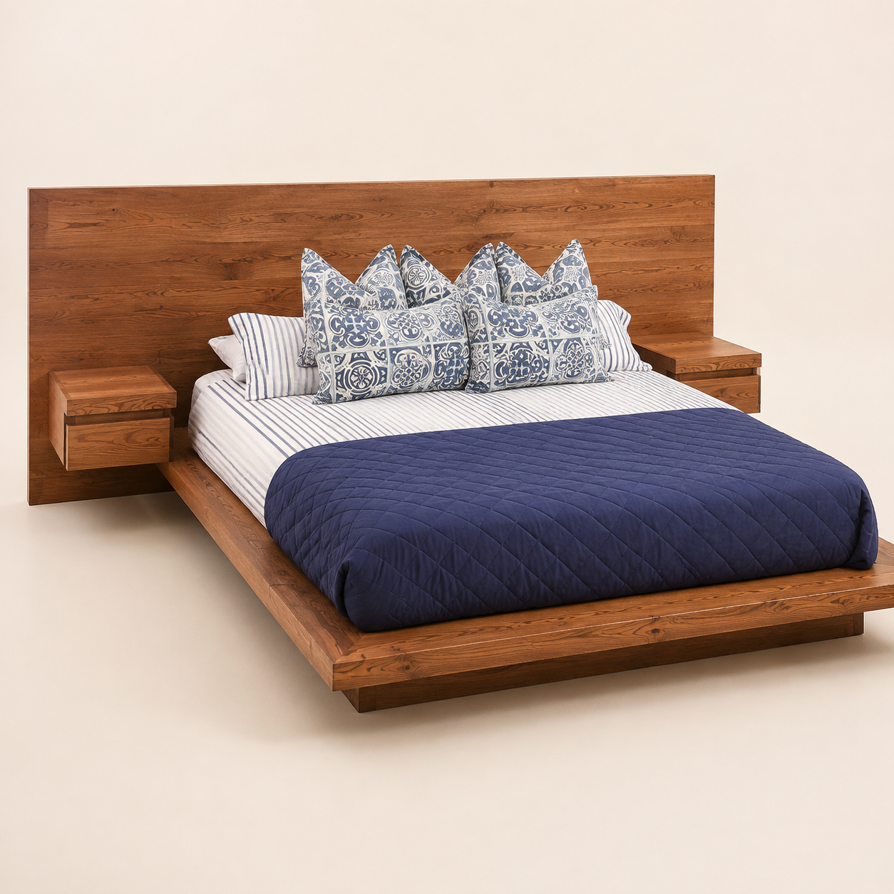 Kiaat Modern Bed with Floating Bedside Tables — opposite three-quarter view