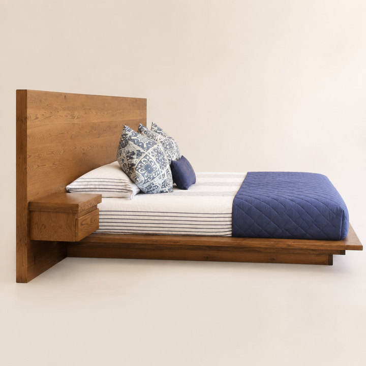 Kiaat Modern Bed with Floating Bedside Tables — side profile