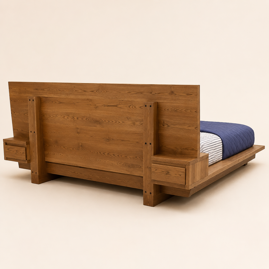 Kiaat Modern Bed with Floating Bedside Tables — rear view