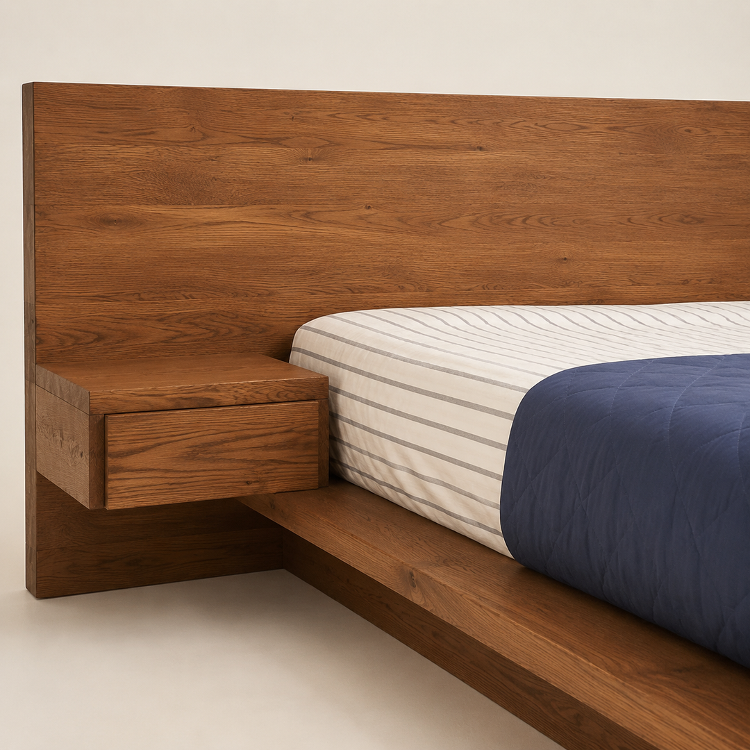 Kiaat Modern Bed with Floating Bedside Tables — craftsmanship detail