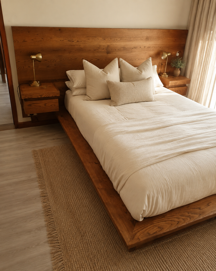 Kiaat Modern Bed with Floating Bedside Tables — luxury bedroom lifestyle