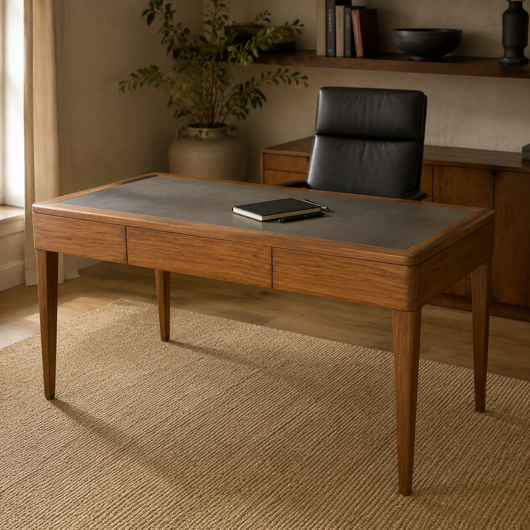 Kiaat Solid Office Desk in a refined warm home office