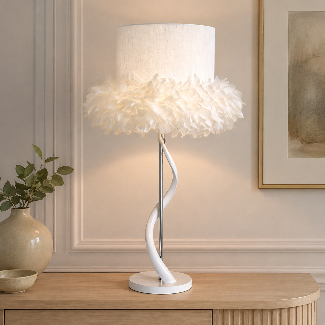 Kudu Inner Horn Lamp With Feather Boa Shade Large – lifestyle view