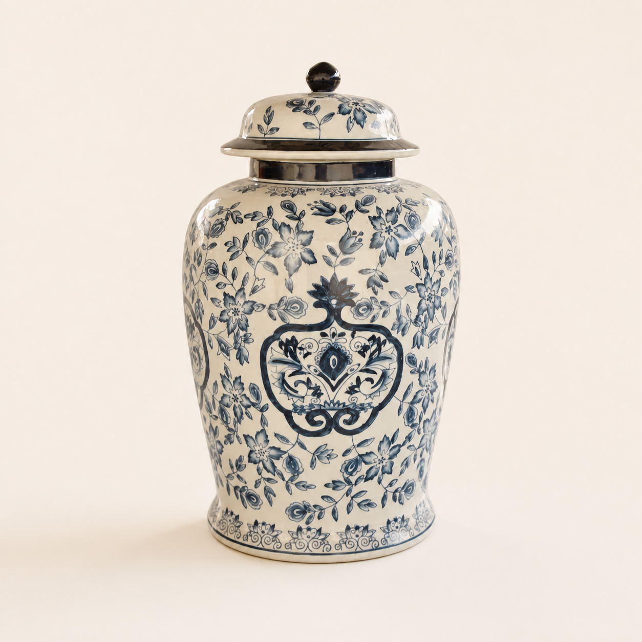 Large blue flower ginger jar on warm ivory background