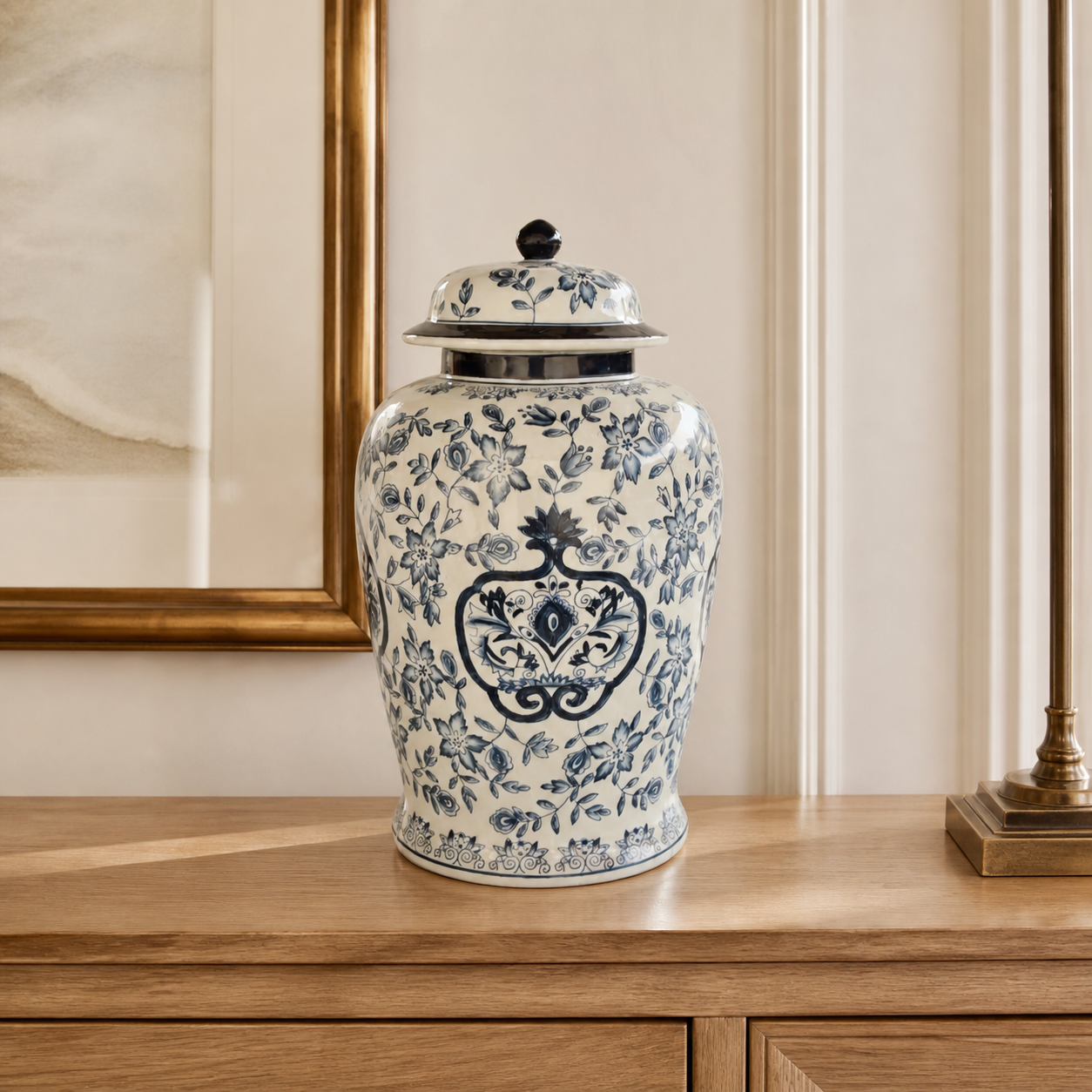 Large blue flower ginger jar in luxury interior