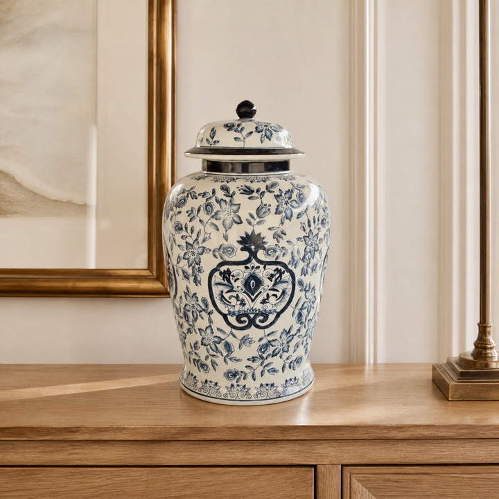 Large blue flower ginger jar in luxury interior