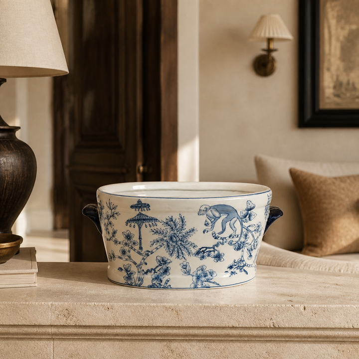 Large blue monkey foot bath in a luxury interior