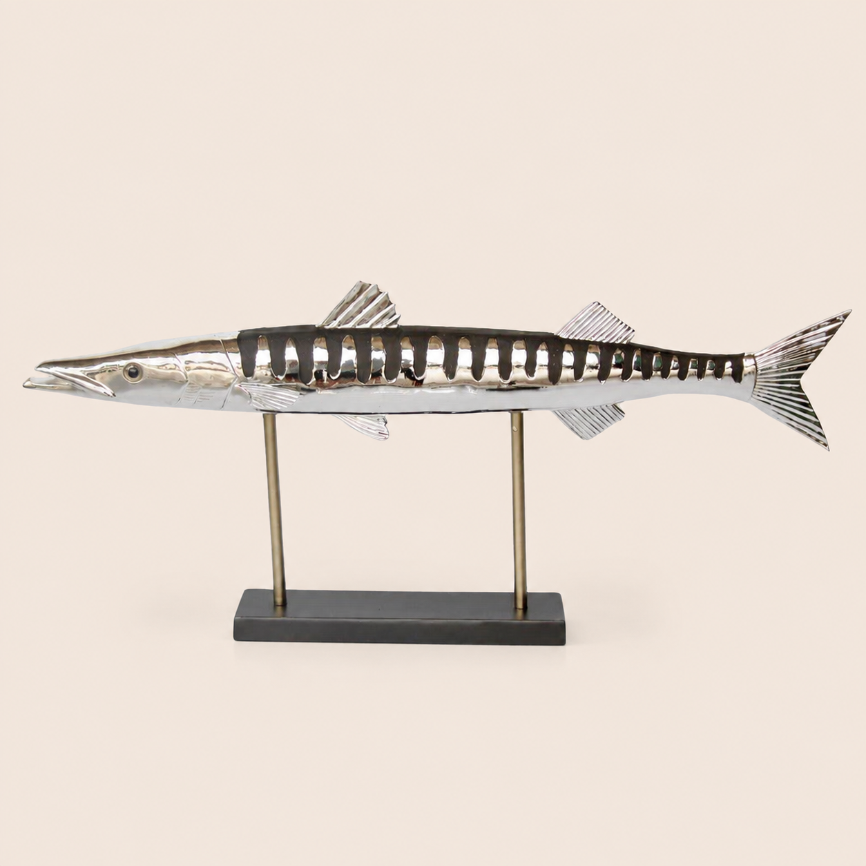 LARGE DISTRESSED BLACK & SILVER BARRACUDA ON STAND 40X87CM catalogue view