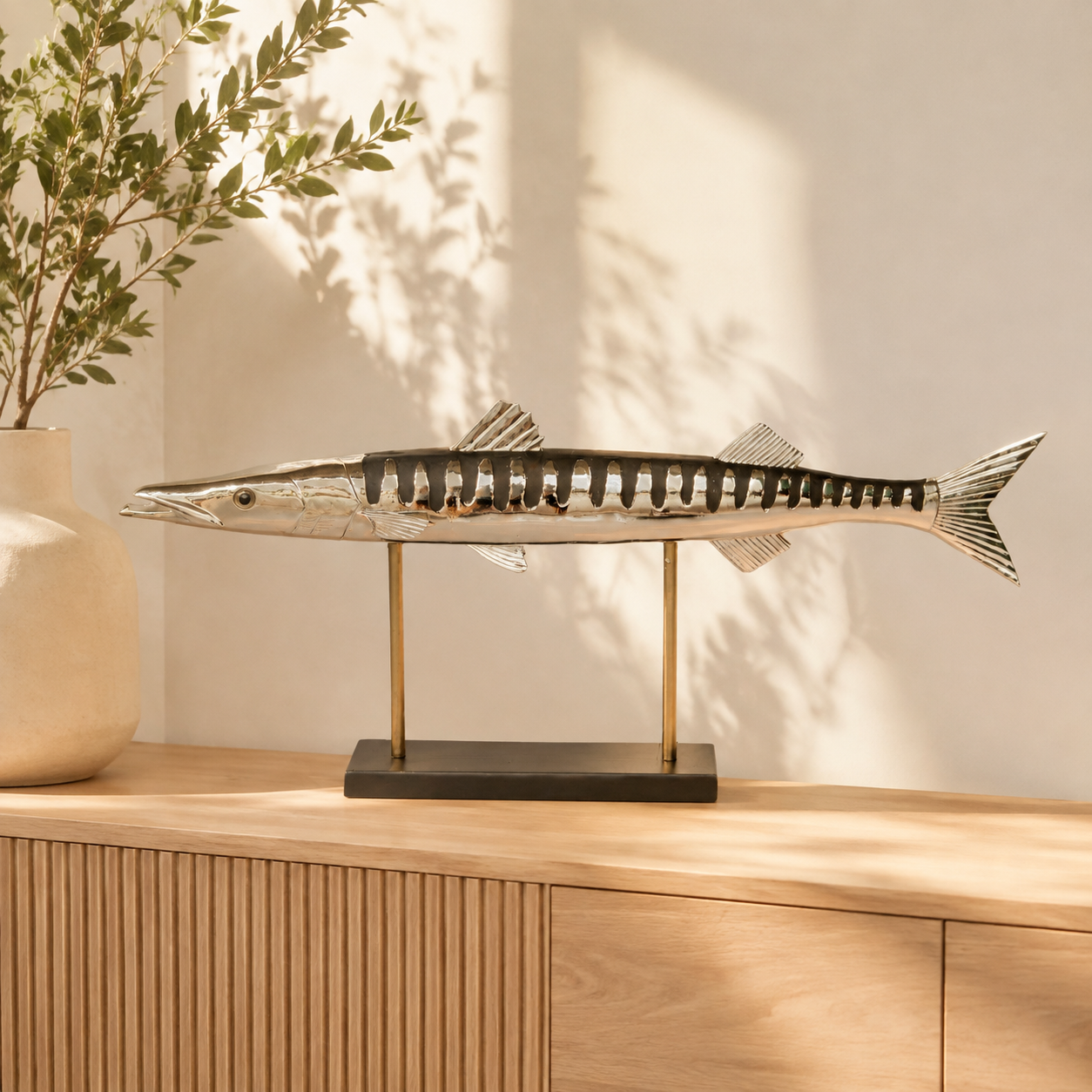 LARGE DISTRESSED BLACK & SILVER BARRACUDA ON STAND 40X87CM lifestyle view