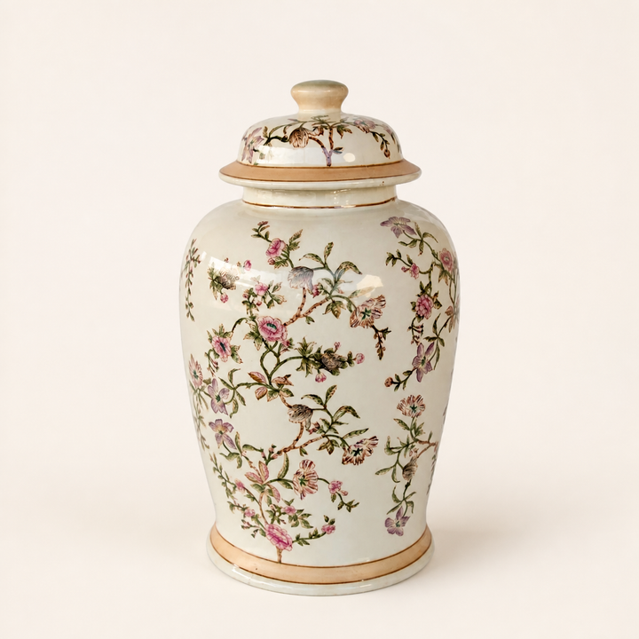 Large floral ginger jar on warm ivory background