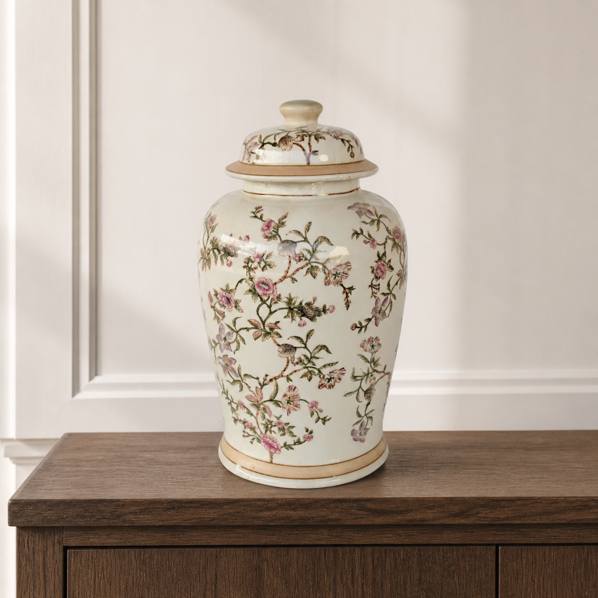 Large floral ginger jar in luxury interior