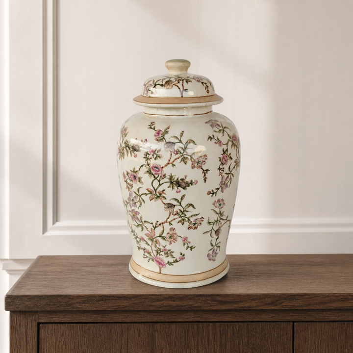 Large floral ginger jar in luxury interior