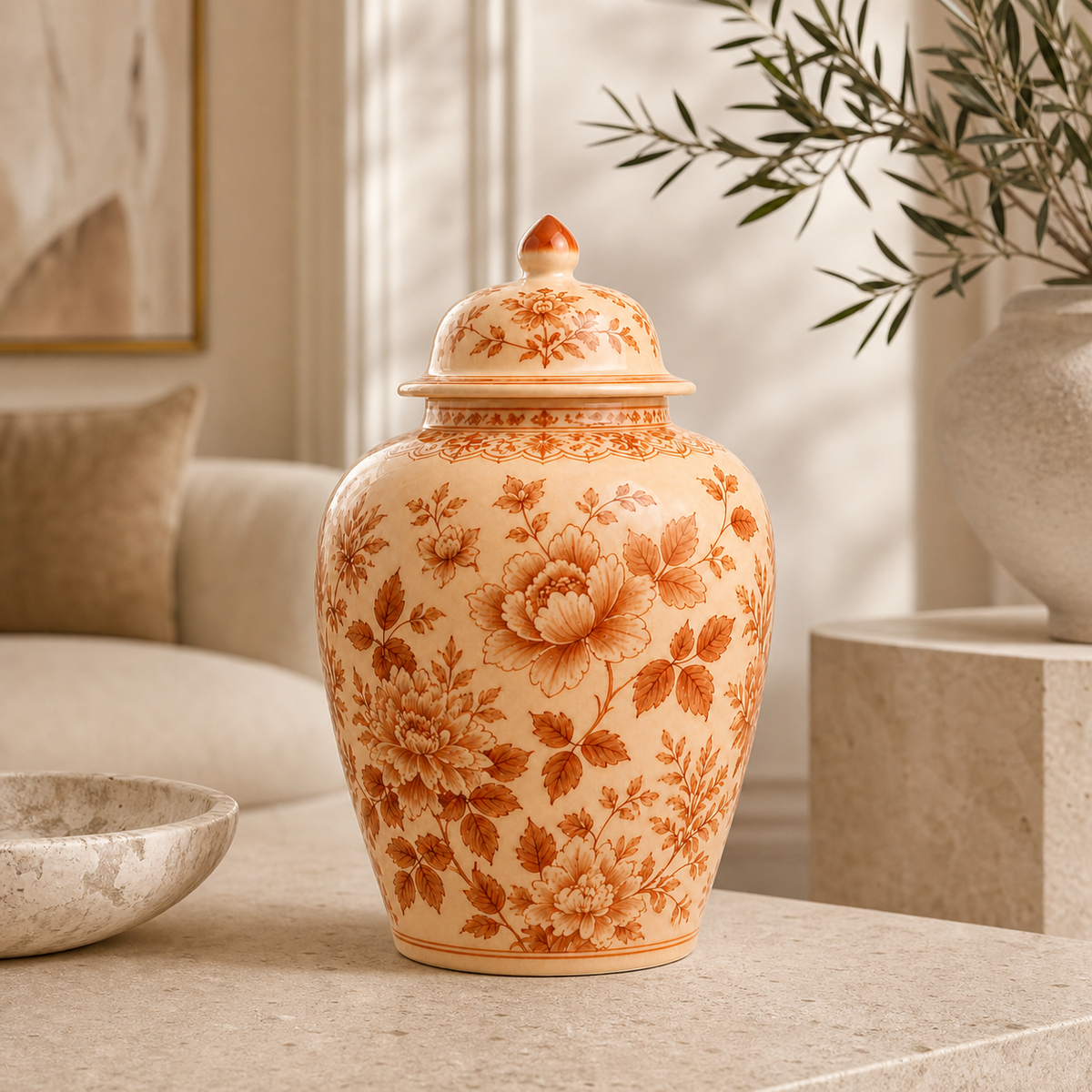Large pale orange ginger jar in a luxury interior