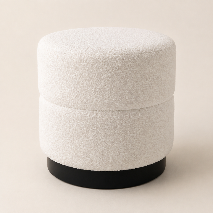 Light Cream Round Ottoman  43X40cm — opposite three-quarter view