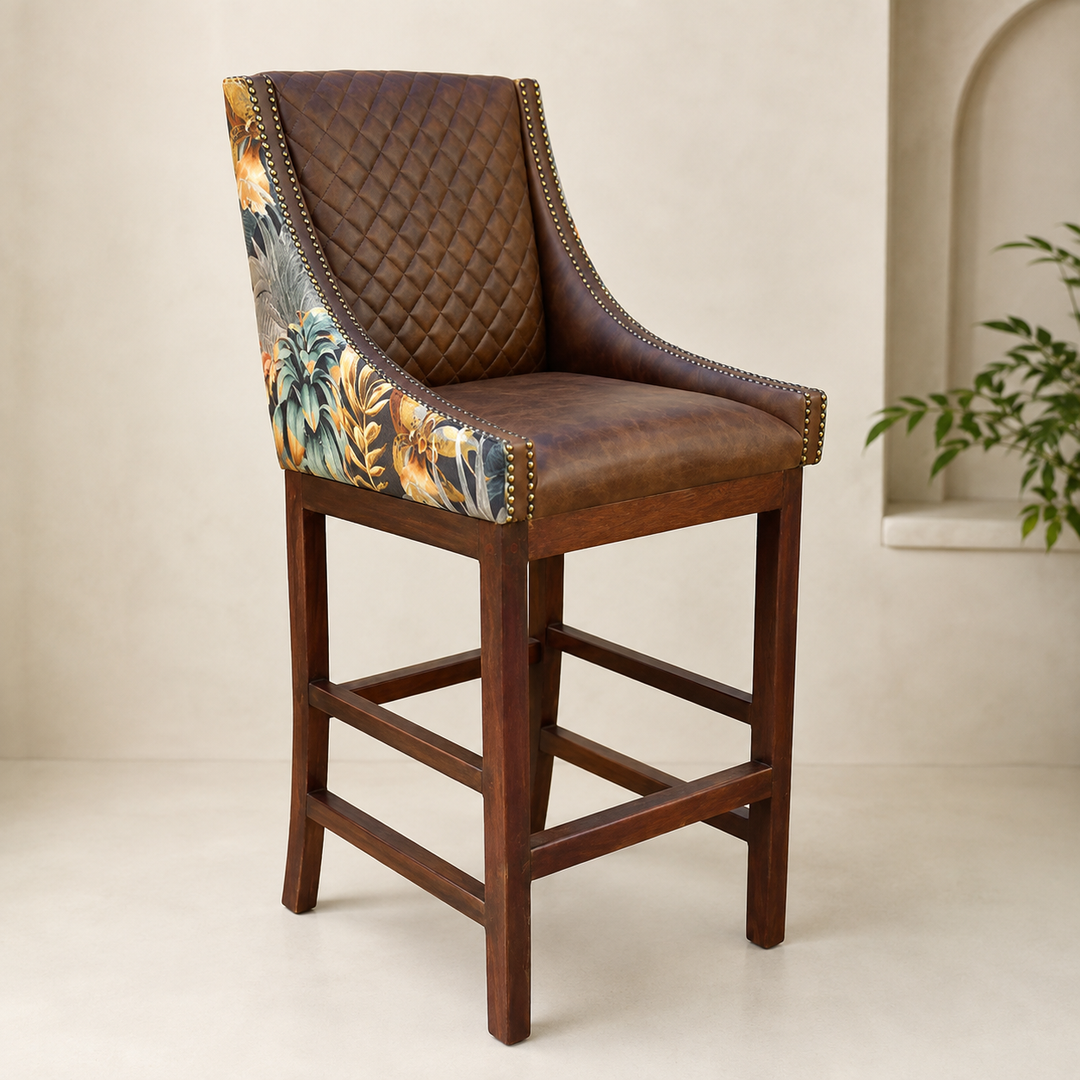 Lincon Modern Upholstered Stool Leather and Fabric - opposite three-quarter view