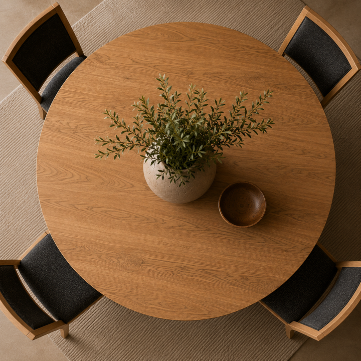 Overhead view of a round wooden dining table with four upholstered chairs and a small potted greenery arrangement in the center on a textured rug.
