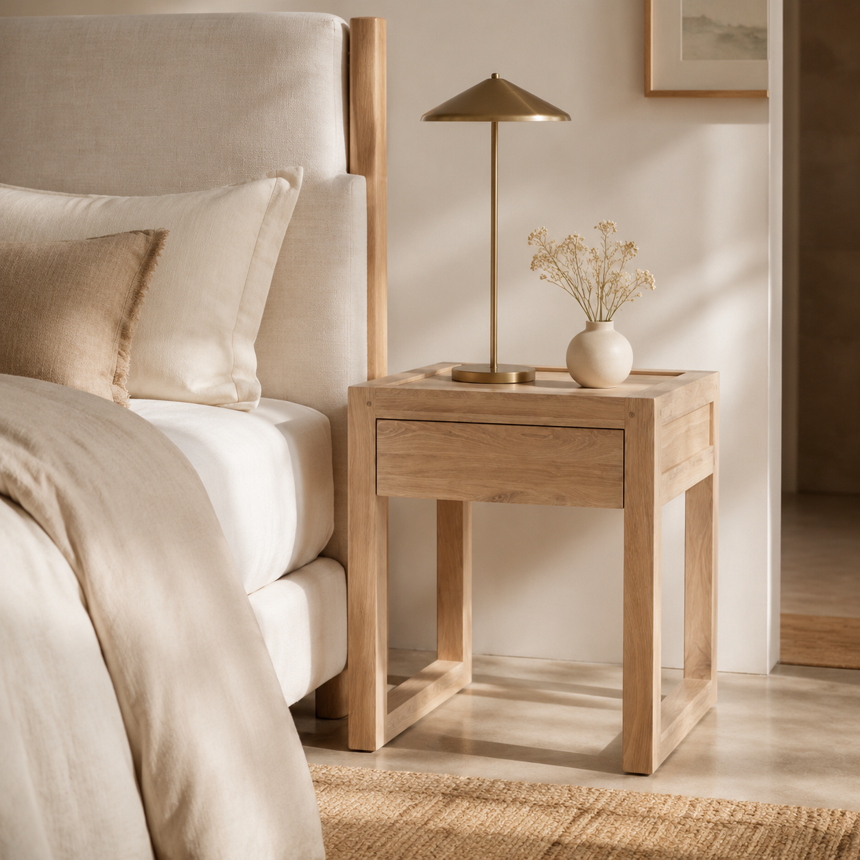 Lux Oak Pedestal — luxury bedroom lifestyle