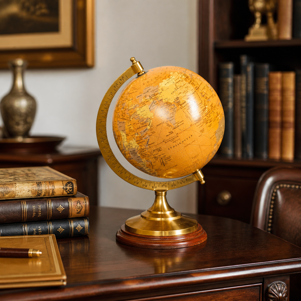 MEDIUM BRASS & MUSTARD WORLD GLOBE 33X22CM - luxury lifestyle