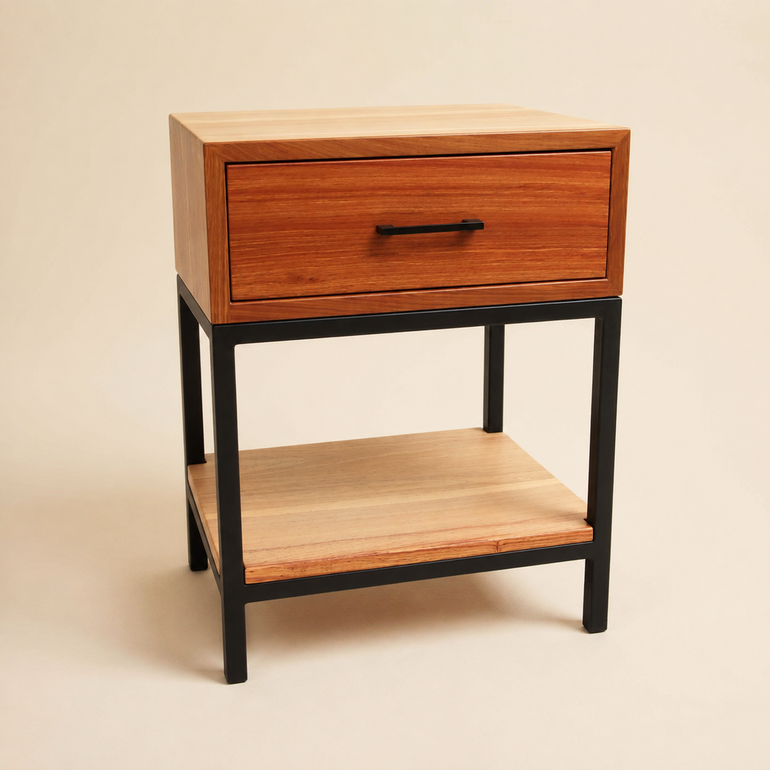 Metal Leg Kiaat Pedestal — opposite three-quarter view