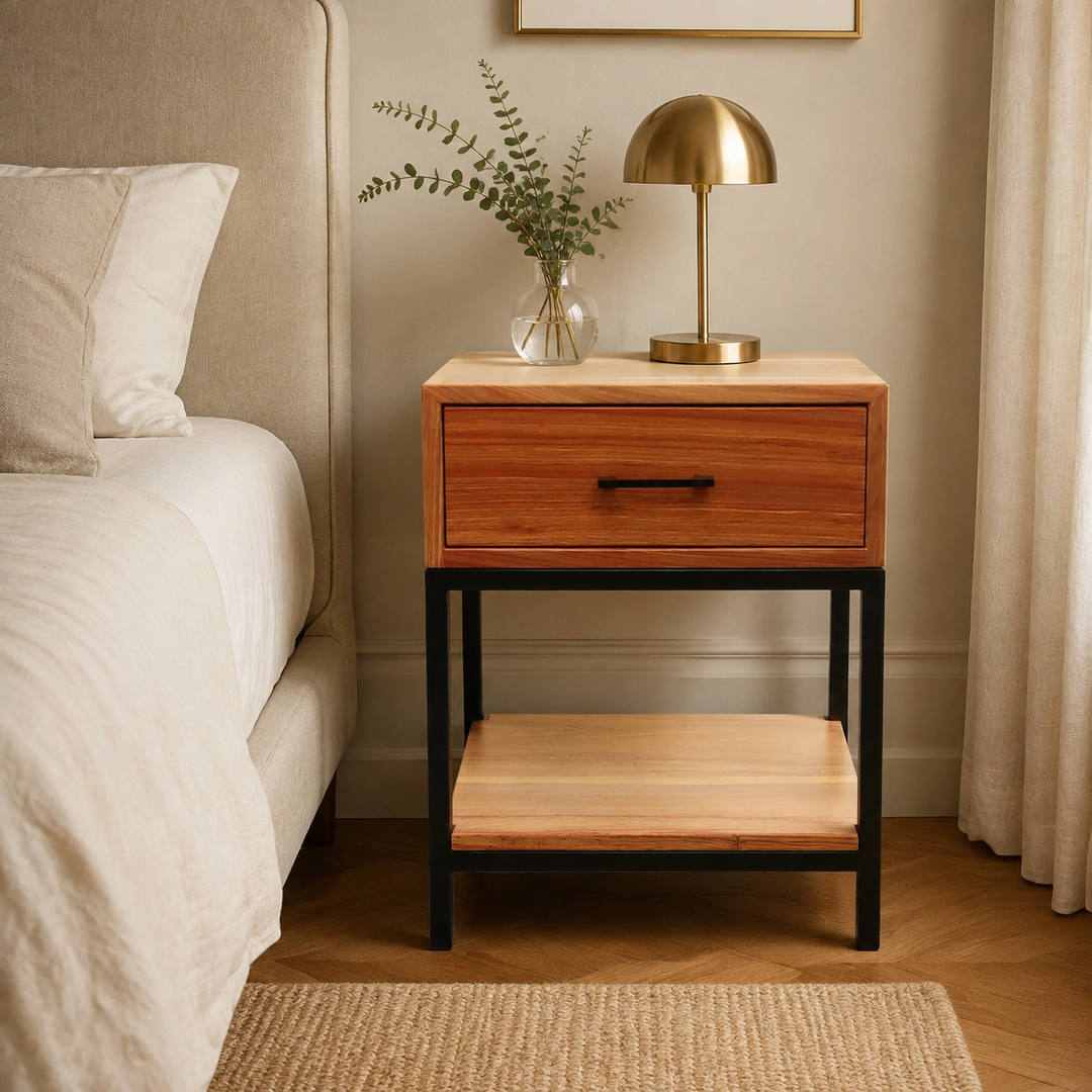Metal Leg Kiaat Pedestal — luxury bedroom lifestyle