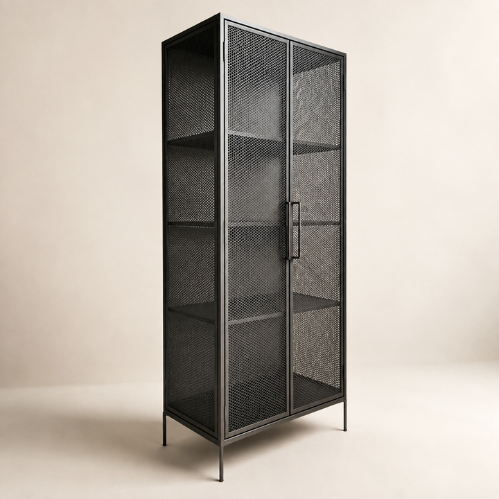Metal mesh wire cabinet in matt black, 800 x 400 x 2100 mm