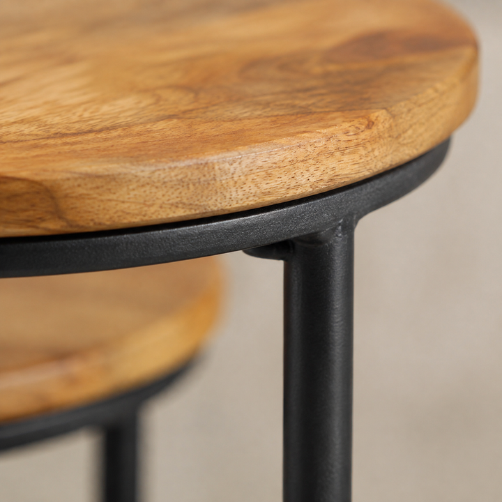 Metal Nesting Table Stand timber grain and metal joinery detail