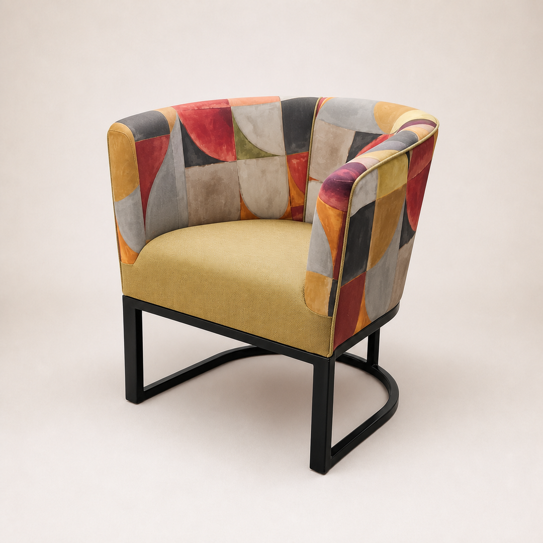 Metal tub chair with Stuart Graham and Home Fabrics on a warm ivory catalogue background