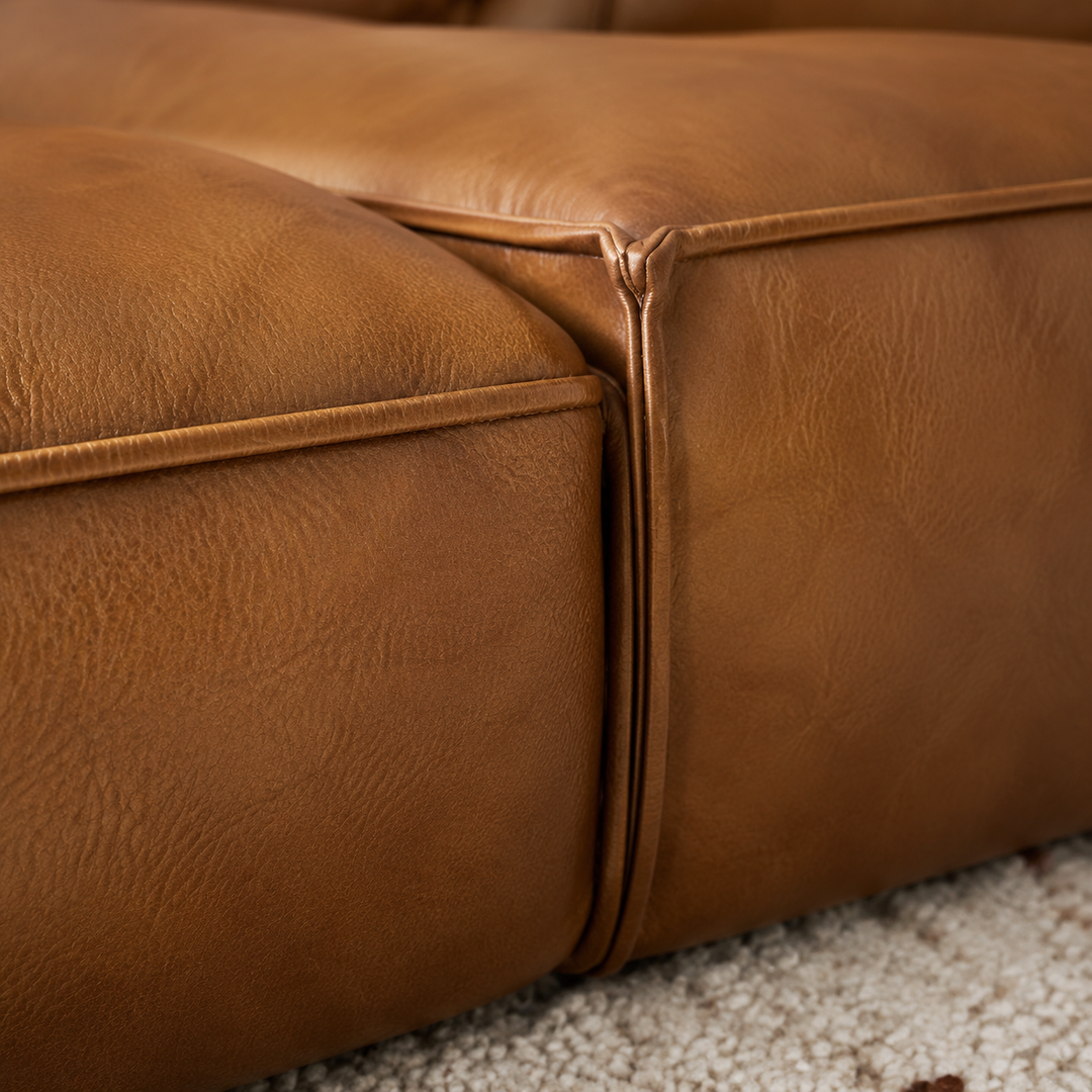 Modern Bespoke Corner Couch cognac leather piping and stitching detail