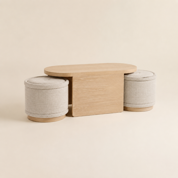 Modern Oak Coffee Table With Ottomans — opposite three-quarter view