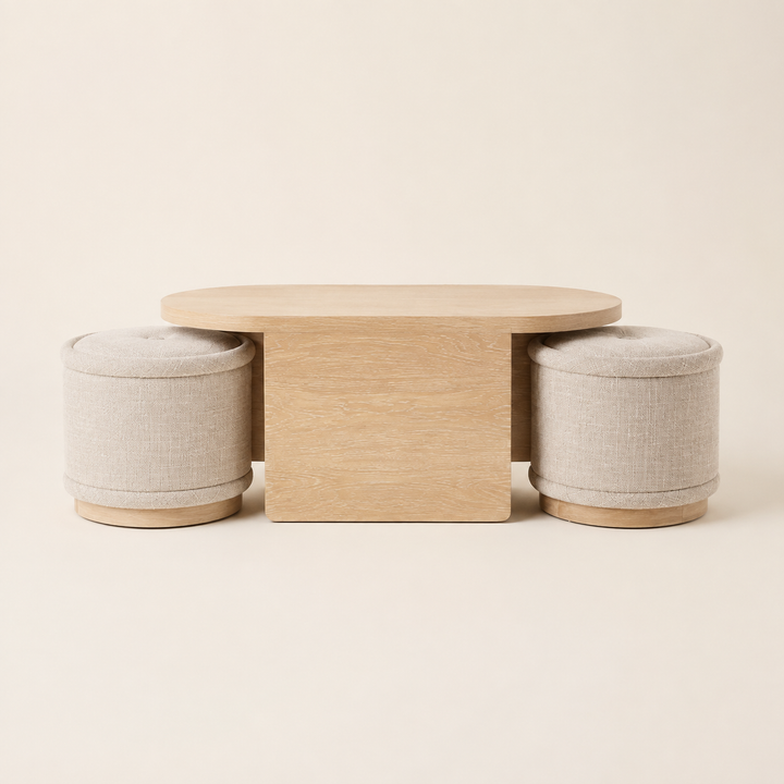 Modern Oak Coffee Table With Ottomans — side profile