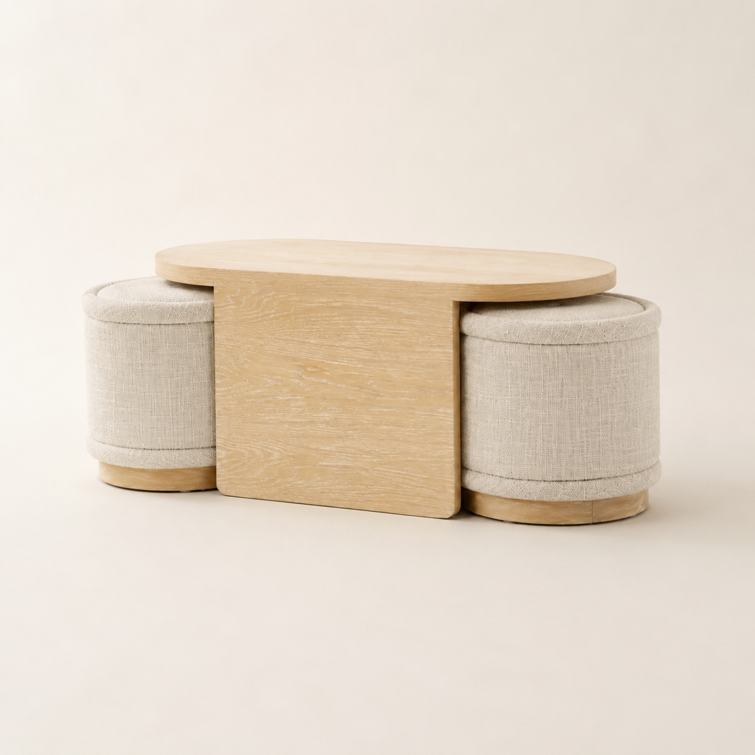Modern Oak Coffee Table With Ottomans — rear angle