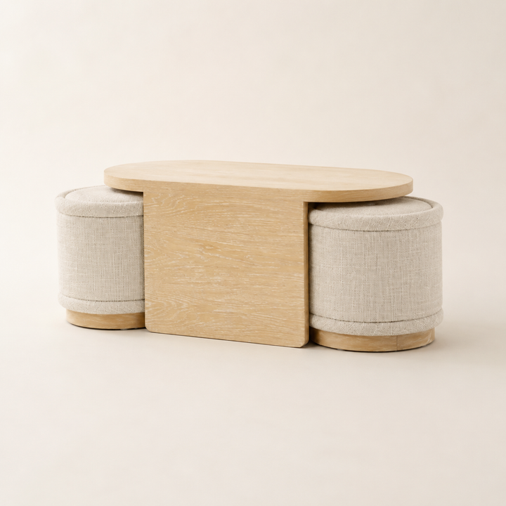 Modern Oak Coffee Table With Ottomans — rear angle