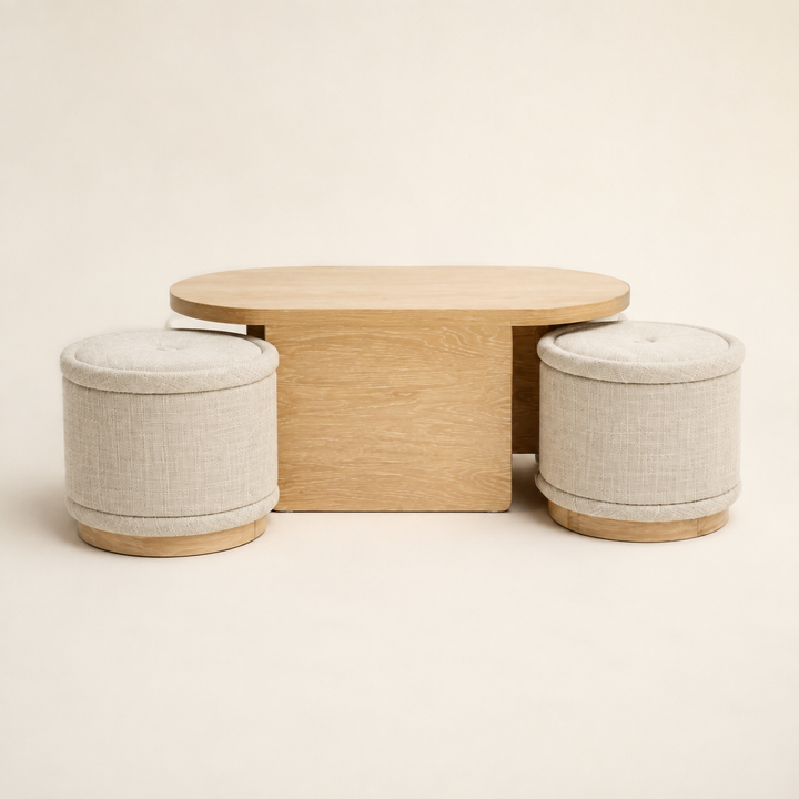 Modern Oak Coffee Table With Ottomans — craftsmanship detail