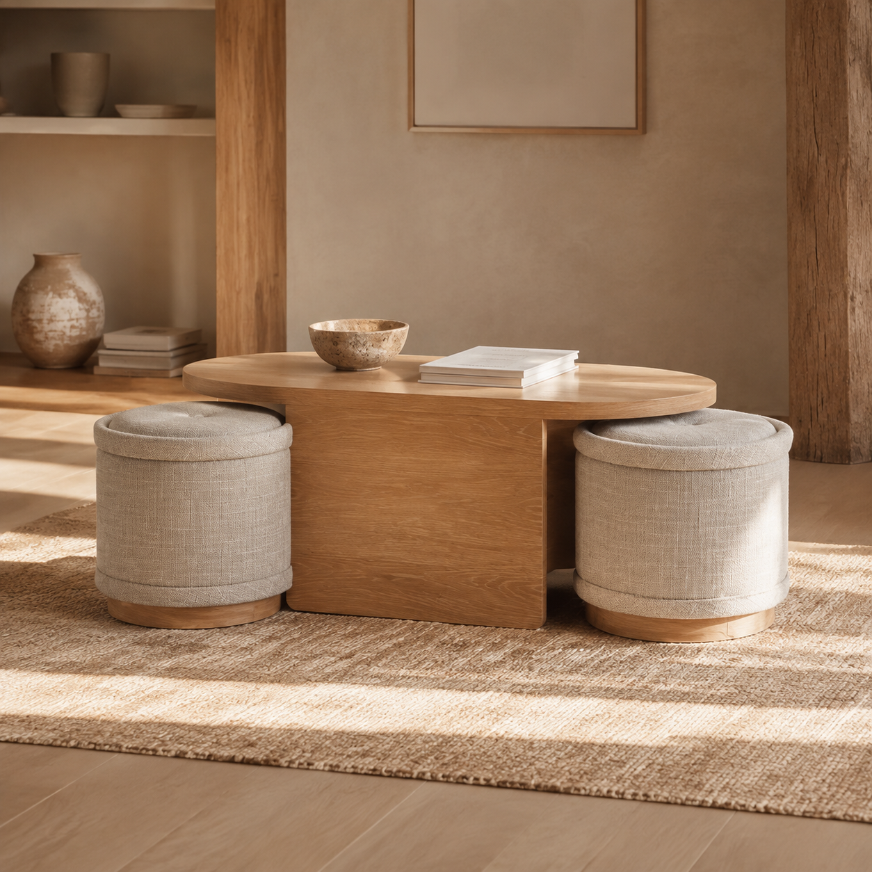 Modern Oak Coffee Table With Ottomans — luxury lifestyle