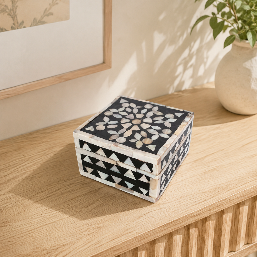 MOTHER OF PEARL &amp; BLACK SQUARE BOX 7X10X10CM lifestyle view