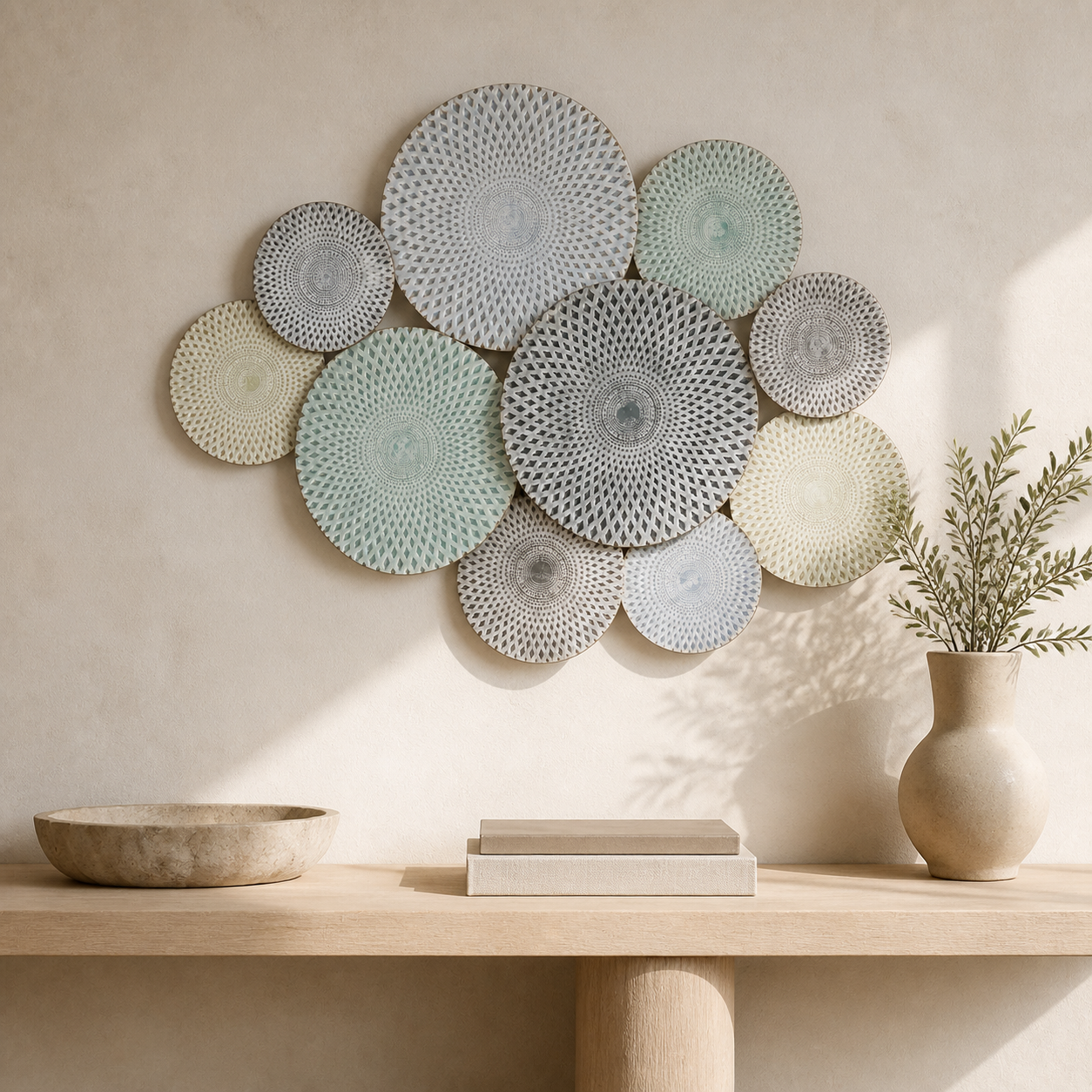 Multi colour metal plates wall decor 70x97cm lifestyle image
