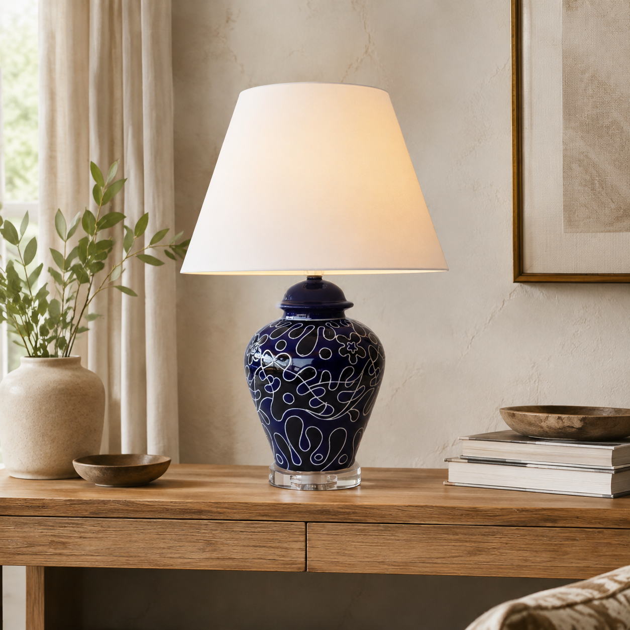 Navy & Black Lamp Crystal Base Off White Shade – lifestyle view