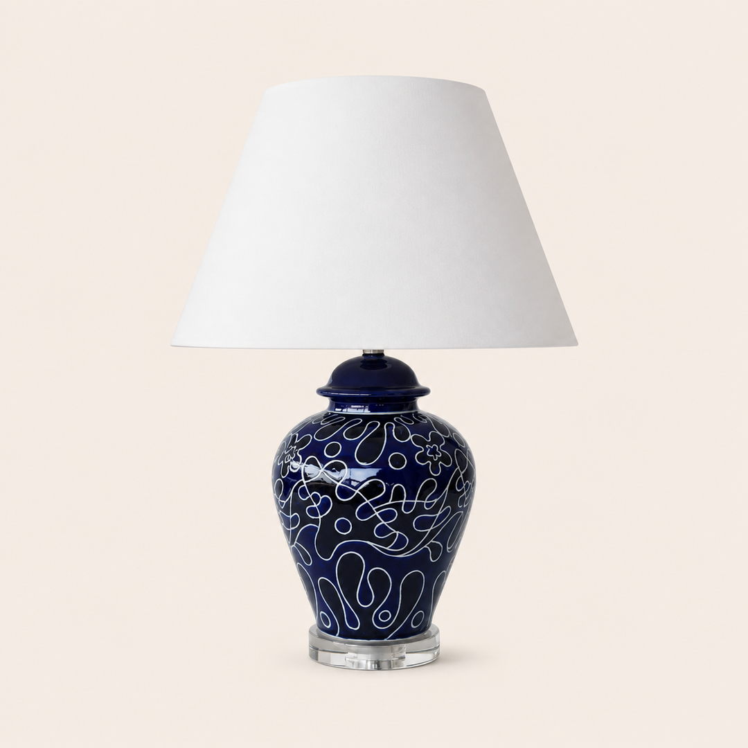 Navy &amp; Black Lamp Crystal Base Off White Shade – catalogue view