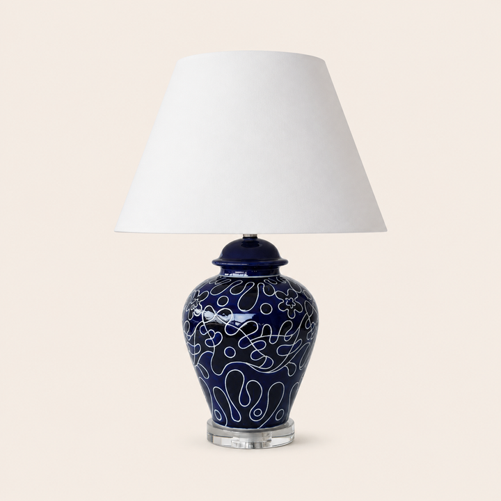 Navy &amp; Black Lamp Crystal Base Off White Shade – catalogue view