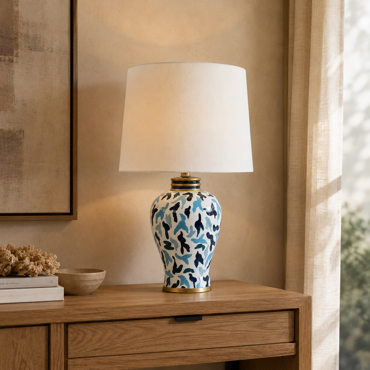 Navy &amp; Blue Design Lamp Base Off White Shade 65x41cm – lifestyle view