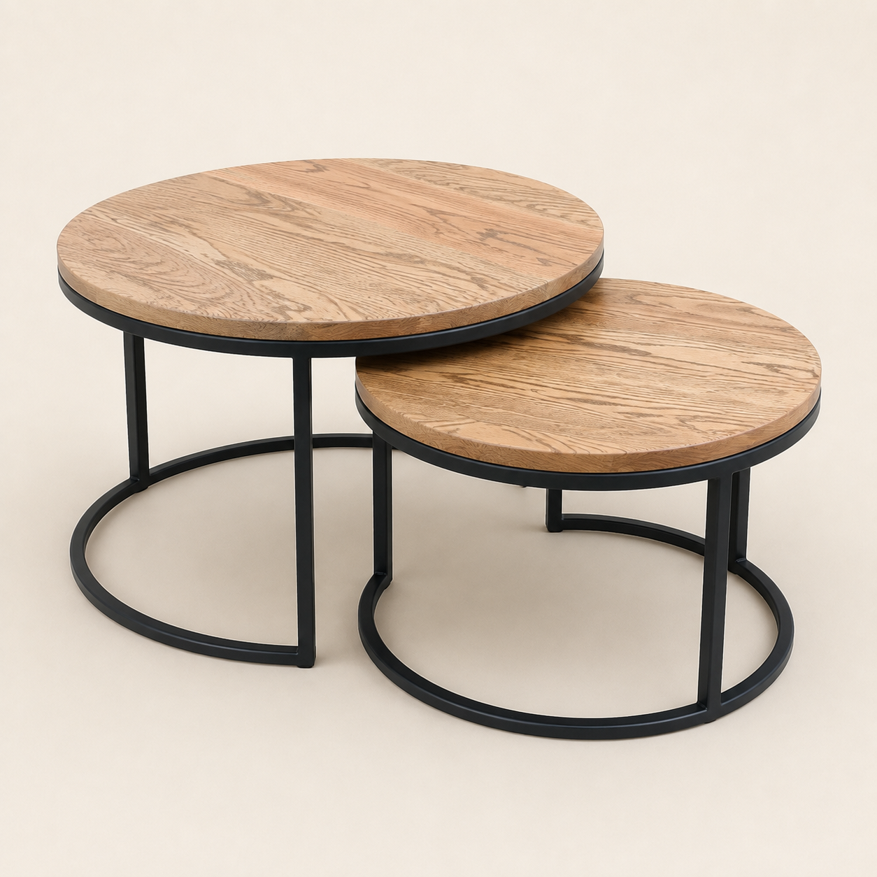 Nesting Round Coffee Table Red Oak Set — opposite three-quarter view