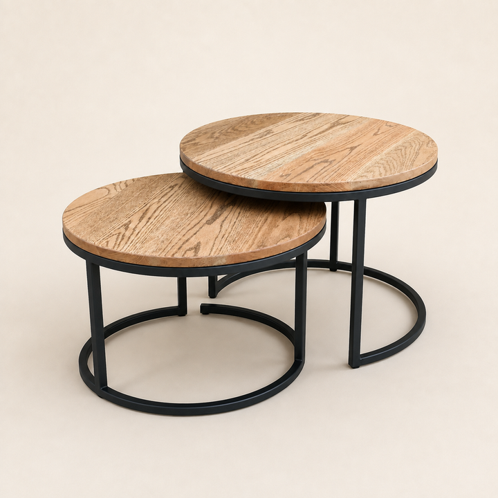Nesting Round Coffee Table Red Oak Set — rear angle