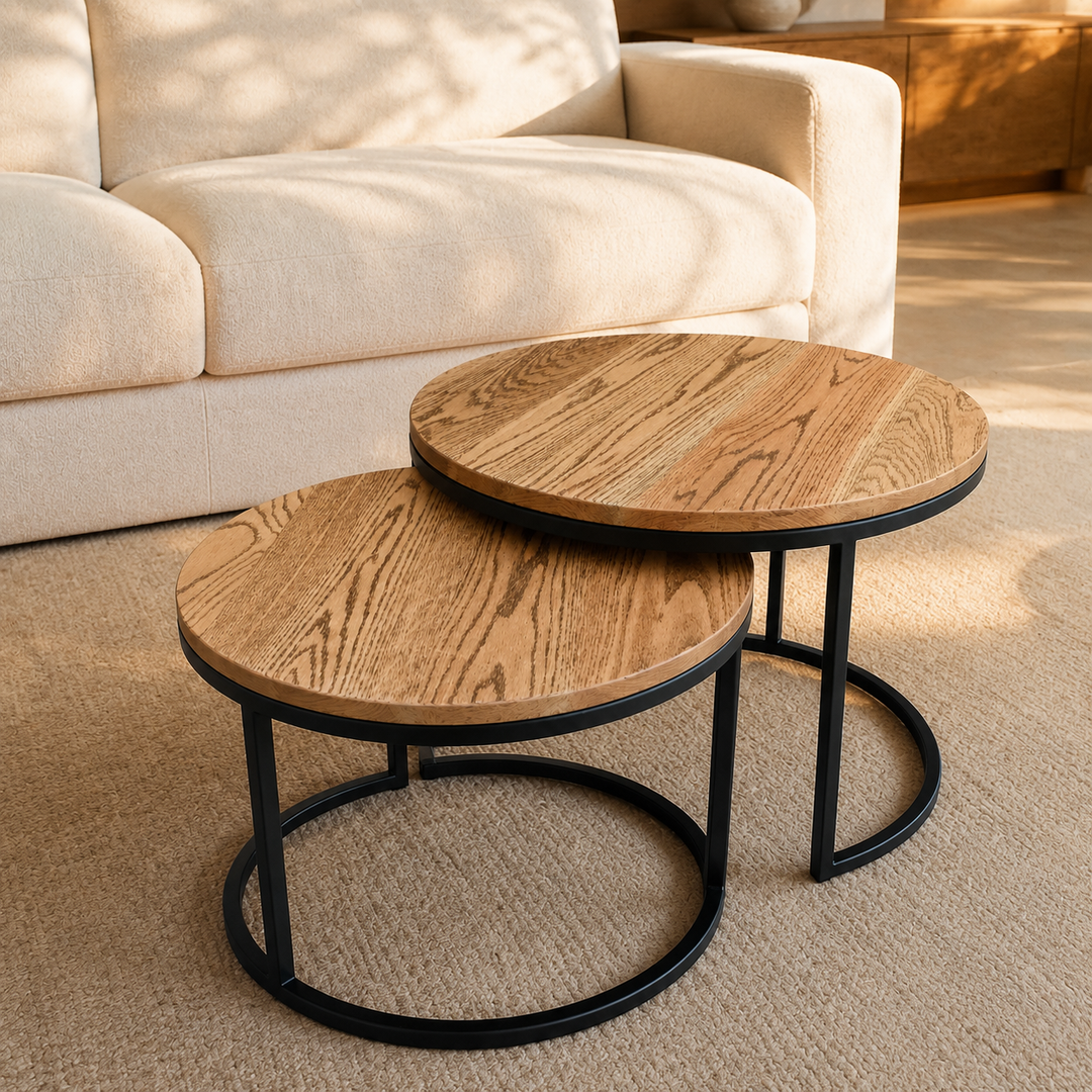 Nesting Round Coffee Table Red Oak Set — luxury lifestyle