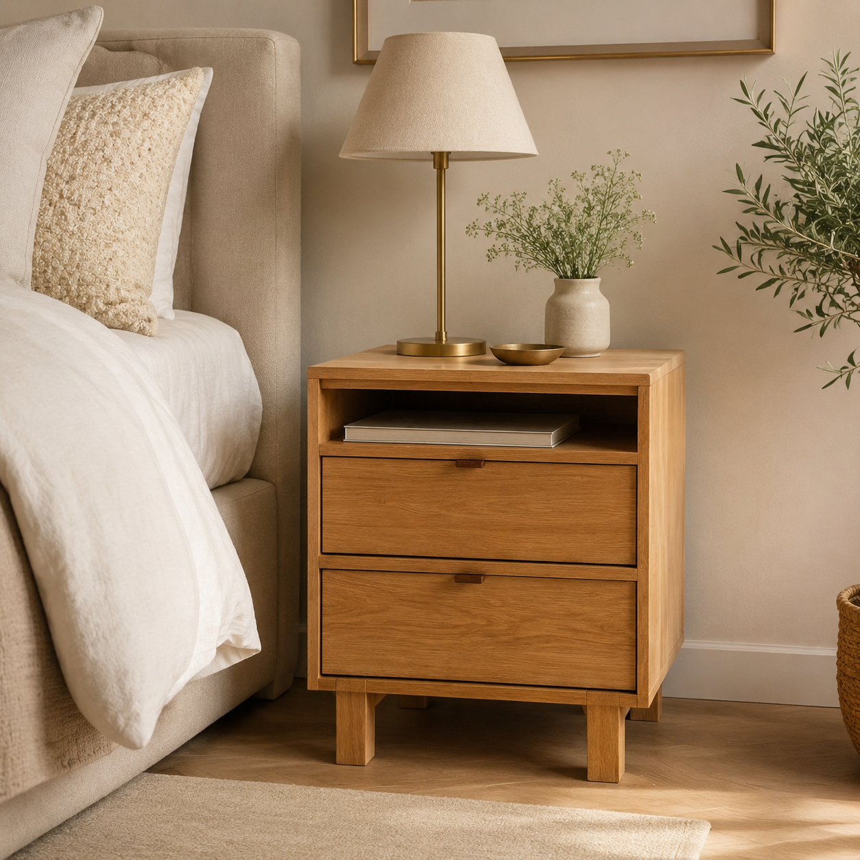 Norton Oak Pedestal — luxury bedroom lifestyle