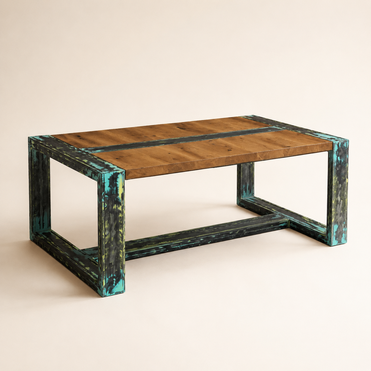 Oak custom coffee table metal technique — opposite three-quarter view