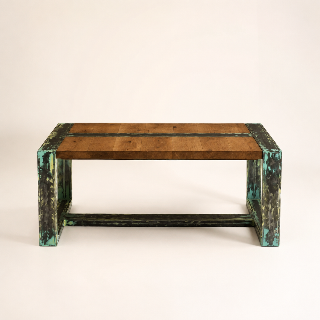 Oak custom coffee table metal technique — side profile