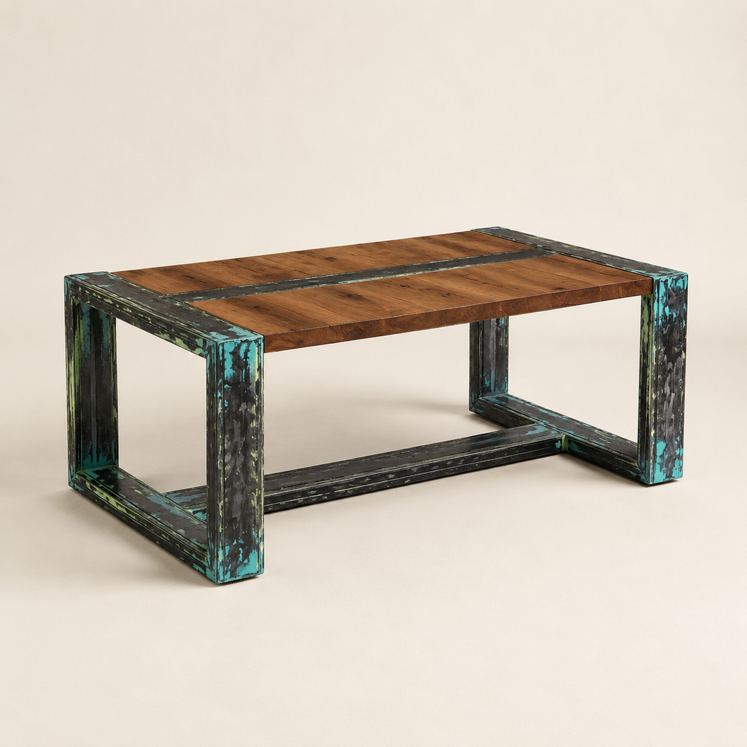 Oak custom coffee table metal technique — rear angle