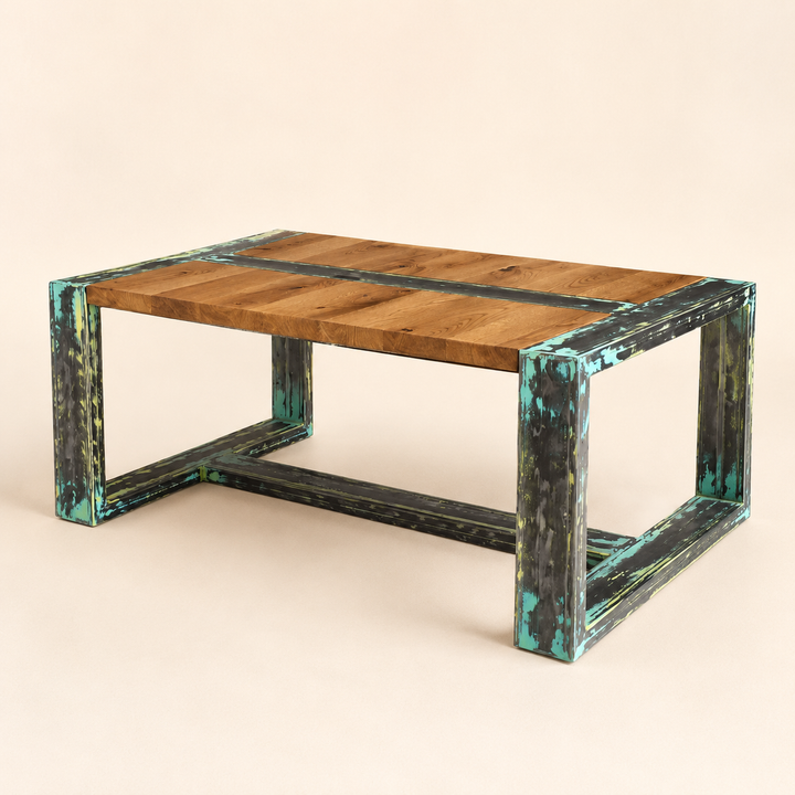 Oak custom coffee table metal technique — craftsmanship detail