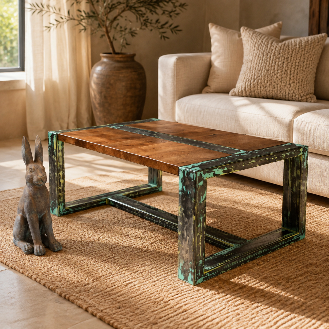 Oak custom coffee table metal technique — luxury lifestyle
